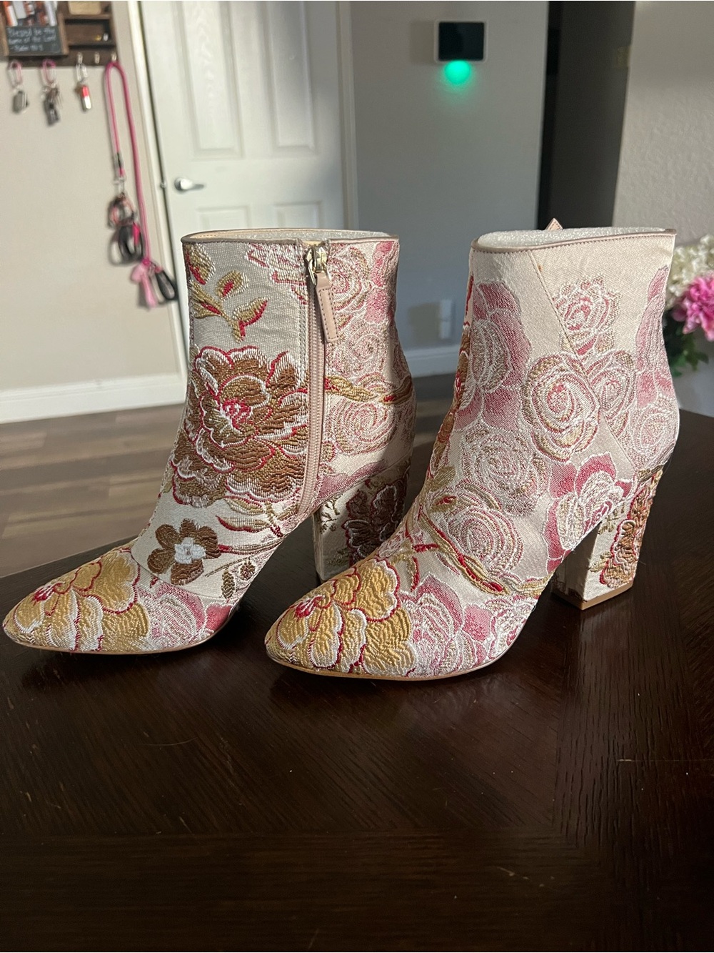 Vitra Floral Embroidered Ankle Boots in Pink, Gold and Cream